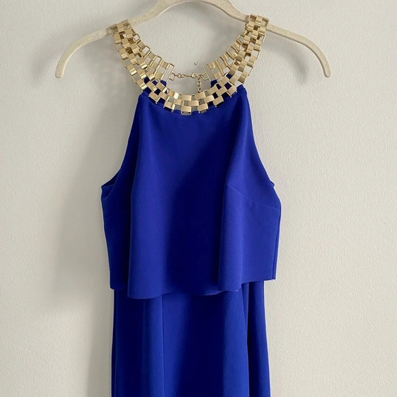 DECODE 1.8 Royal Blue & Gold Chain Halter Mermaid Formal Evening Dress  Size 4 - Picture 8 of 16
